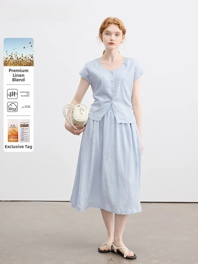 

Linen Set Dress Women Summer New Small Fly Sleeve Short Sleeve Shirt Top High Waist Half Skirt Two Piece Set Casual Style