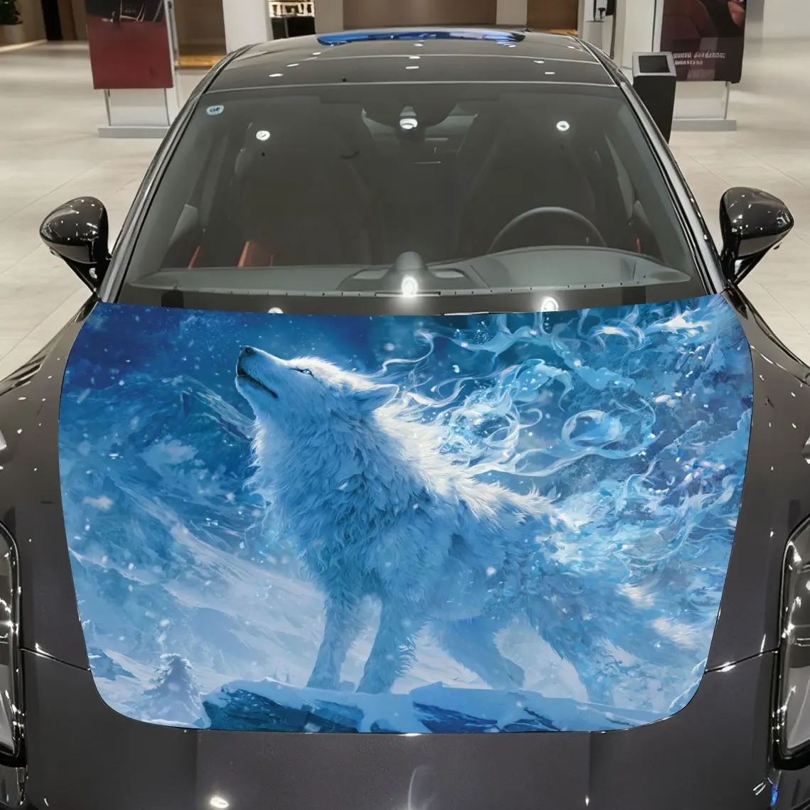Wolf Shadow in Moonlit Night on Ice Field Car Vinyl Wrap, PVC Material Waterproof Car Hood Sticker, Self-Adhesive Scratch-Resist