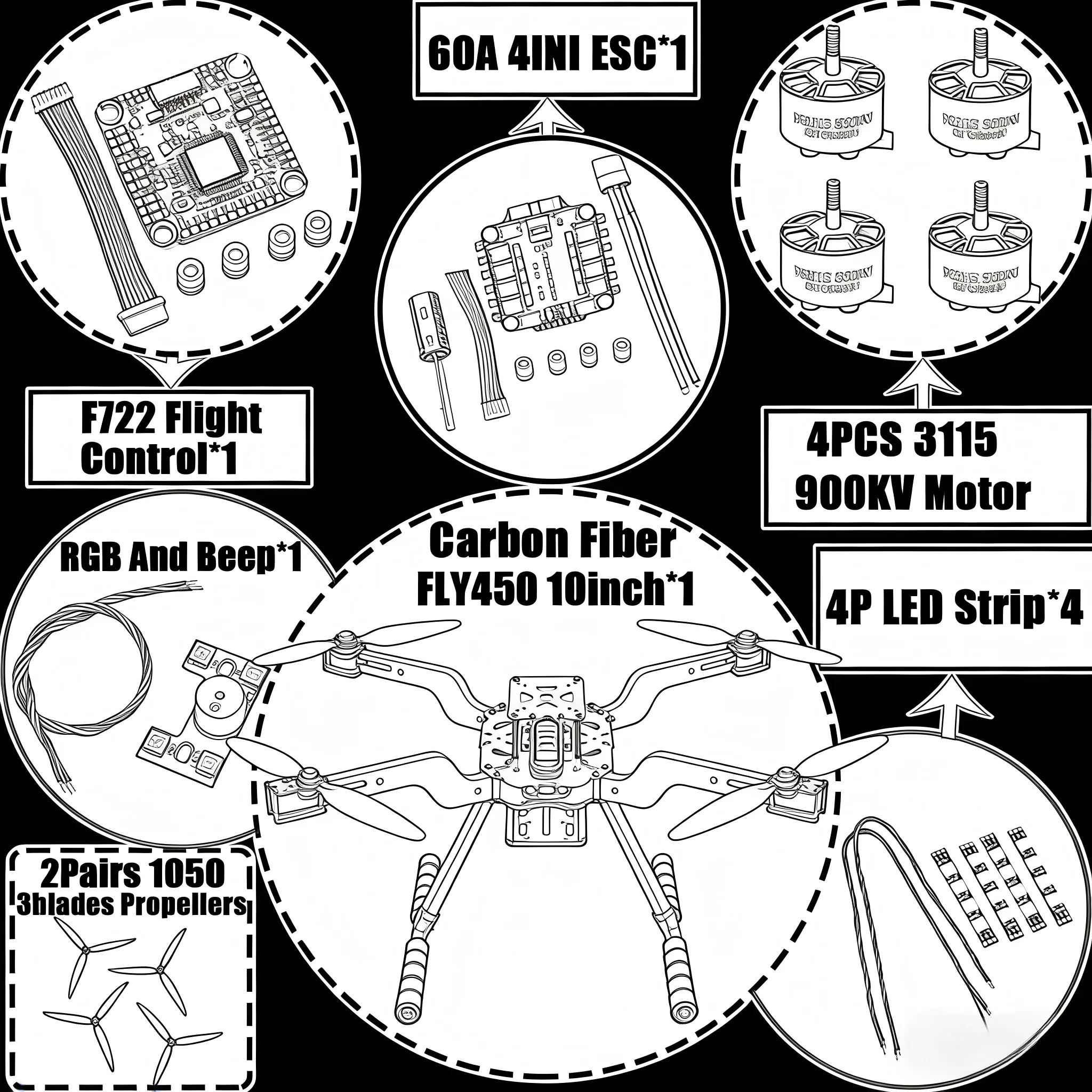 B-CUBE Open Source New Smart Drone FLY450 450MM F722 Quadrotor Rack RC Multicopter Multi-Rotor With Landing Gear Betaflight