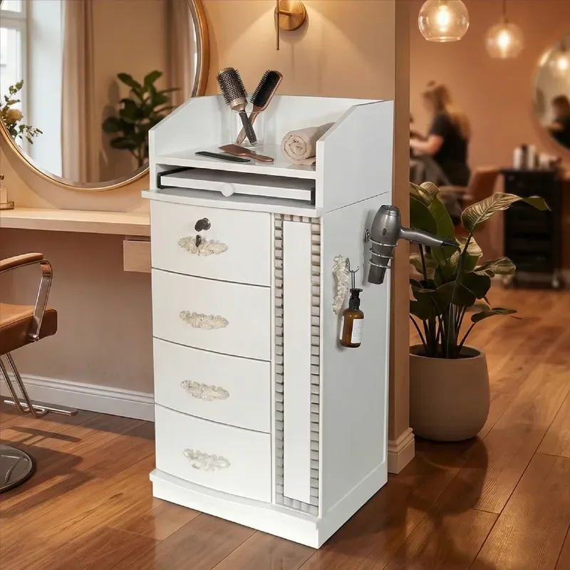 Barber Shop Nail Salon Spa & Hairdresser 4-Drawer White Salon Cabinet with Hairdryer Holder