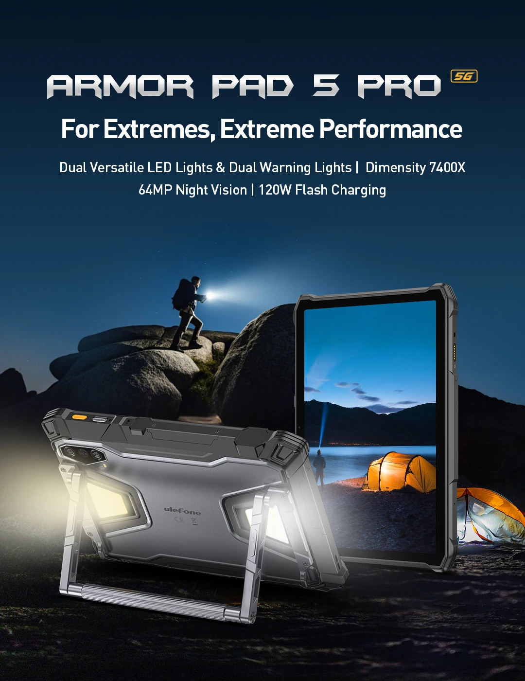 Ulefone Armor Pad 5 Pro 5G Rugged Tablet 24200mAh Android 15 Tablet 12GB+20GB RAM, 512GB ROM 64MP 120W GPS NFC