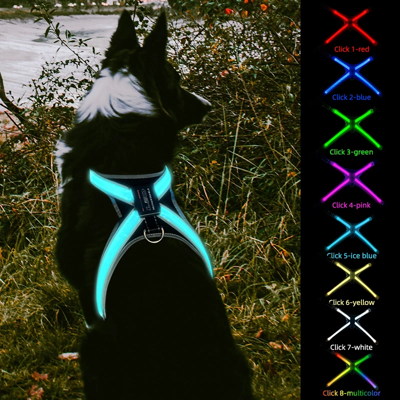 8 Speed Color-changing Luminescent LED Fiber Cross Strap USB Pet Mesh Chest Strap For Going Out