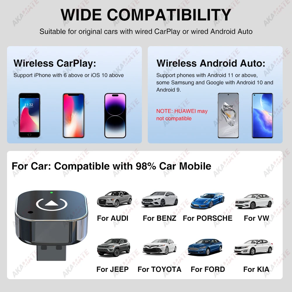 2in1 Wireless CarPlay Adapter Wireless Android Auto Dongle for OEM Wired CarPlay Vehicles Car Radio Plug and Play Bluetooth