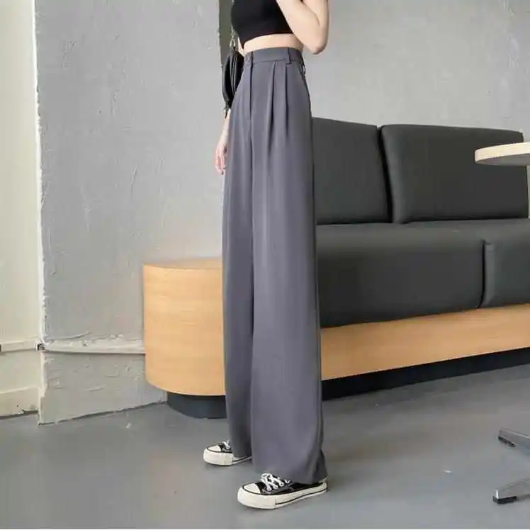 Zomer 2025, losse, casual lange broek voor dames, hoge taille, broek met rechte pijpen, reflecterend splitsdetail, katoenmix