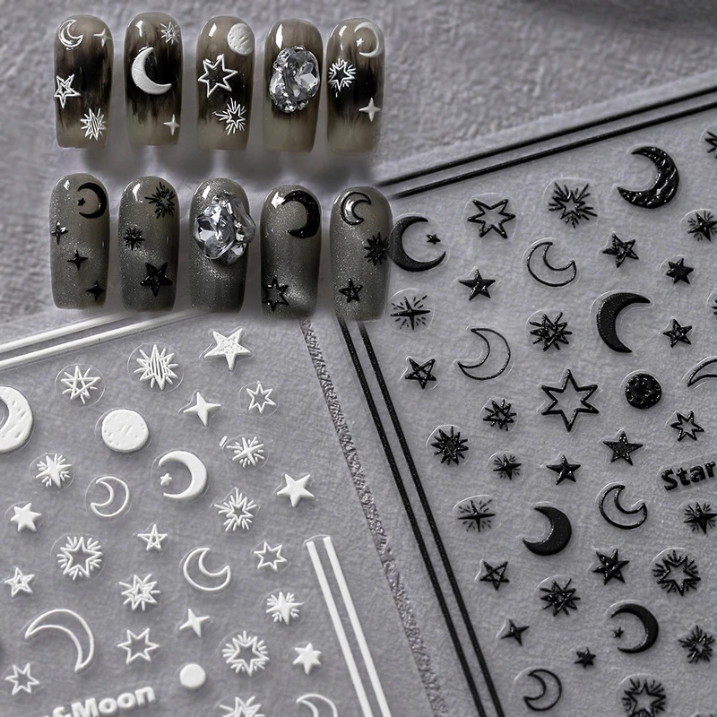 

Punk Black White Stars Moon 5D Soft Embossed Reliefs Self Adhesive Nail Art Decorations Stickers Lovely 3D Manicure Decals Y2K