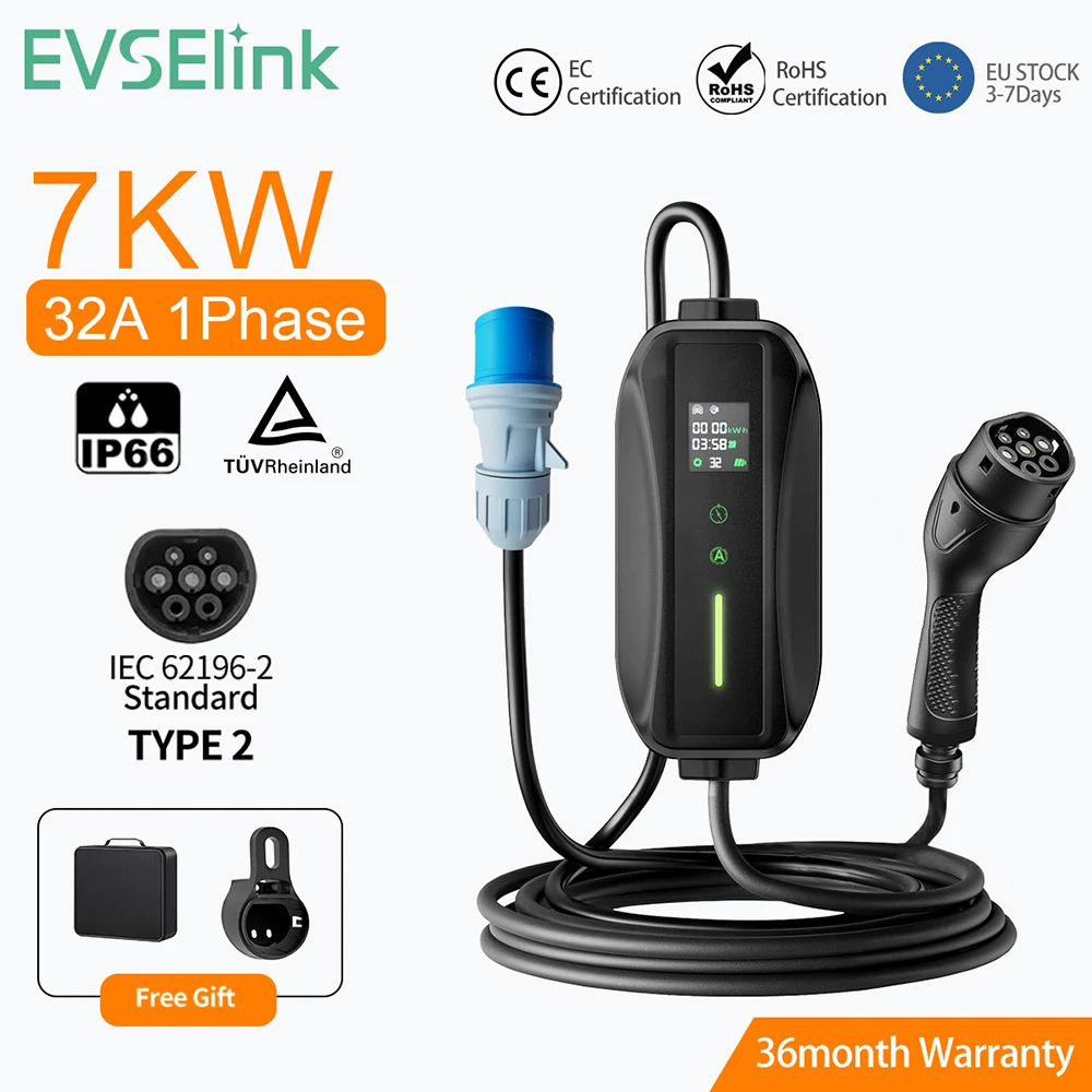 

EVSELink 7KW Fast Charging Type2 Car Charger Portable EV Charger 32A Charging Box with 5.5M Wallbox Cable for Electric Vehicles