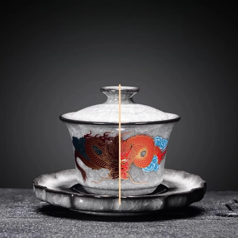 

Black ice crack can hover Sancai cover bowl teacup household teapot high-end kung fu set