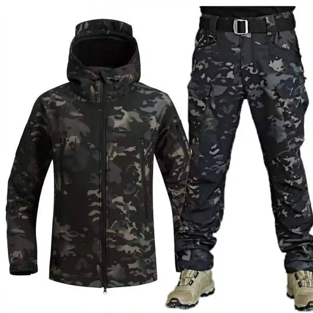 Winter Outdoor Softshell Tactical Suit Thermal Fleece Waterproof Jacket Pants Hiking Camping Fishing Sport Clothes