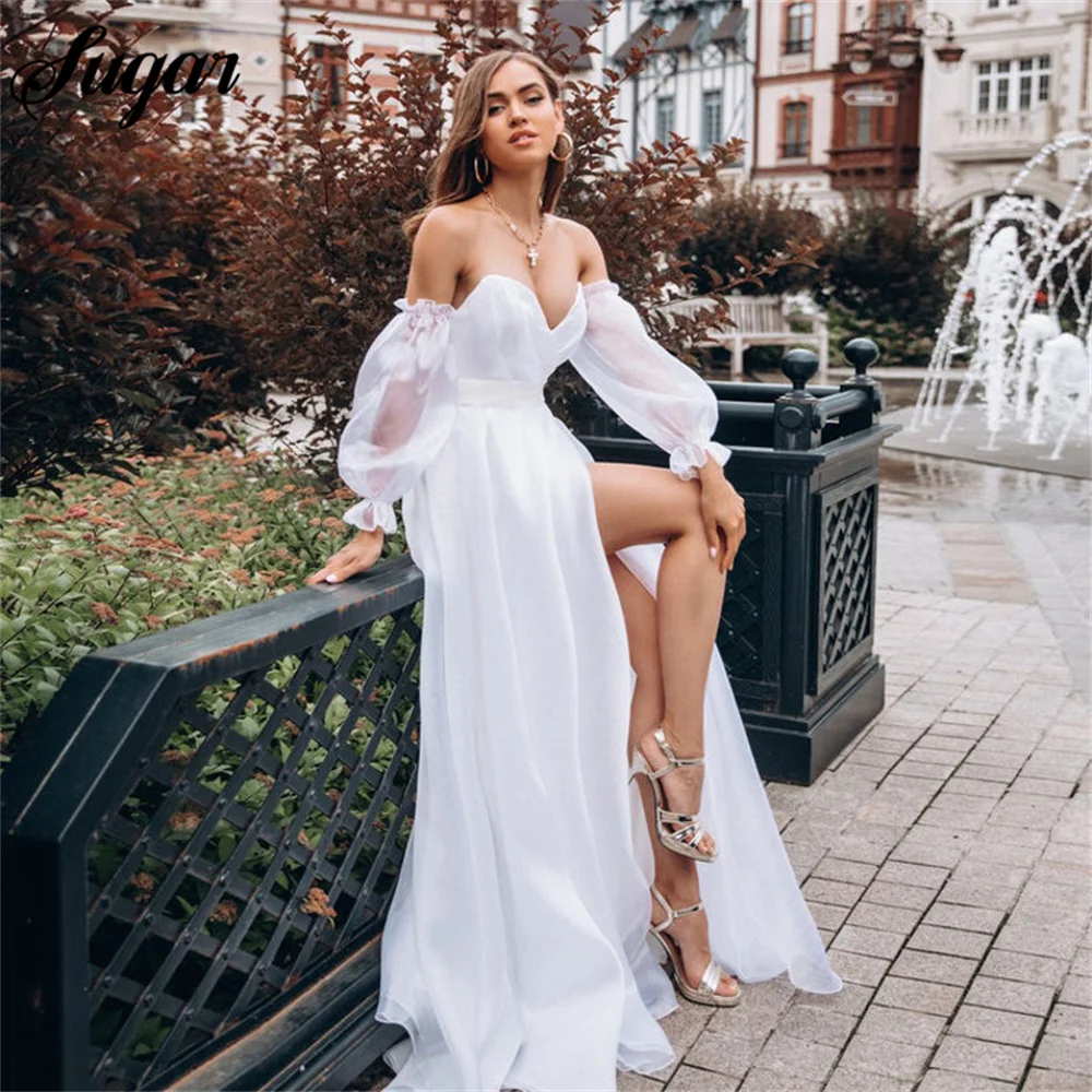 Cheap Chiffon Beach Wedding Dress Puffy Sleeve White Best Bridal Gown Open Back V-neck Formal Party Gown Slit Plus vestido novia