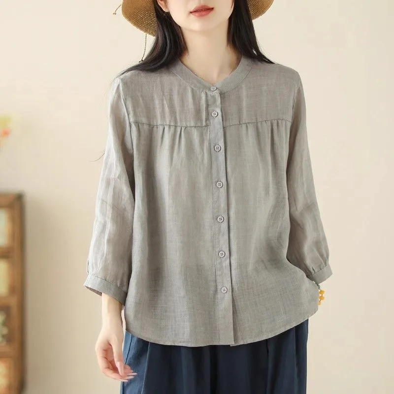 

Women's Linen Mandarin Collar 3/4 Sleeve Button-Down Blouse
