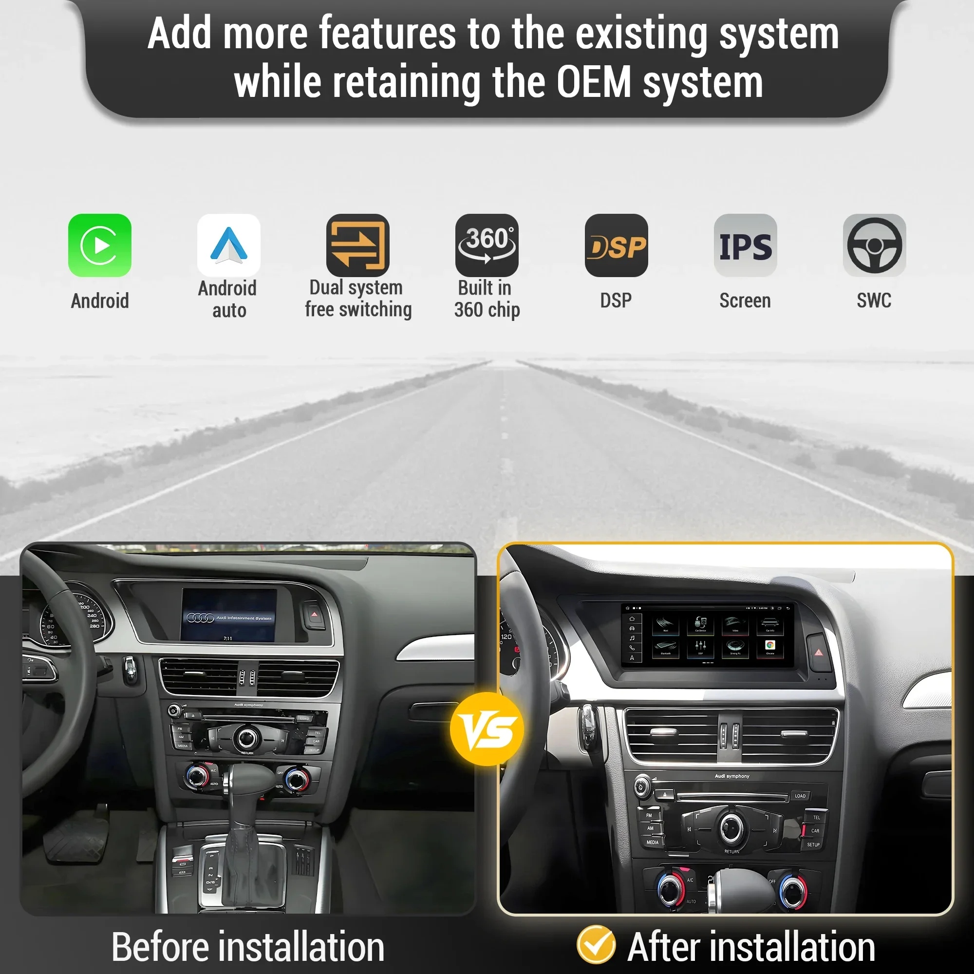 8.8inch for Audi A5 S5 2009-2016  Android 14 Carplay Left Hand Drive 4G Wireless Bluetooth Qualcomm Snapdragon 680 Screen Stereo