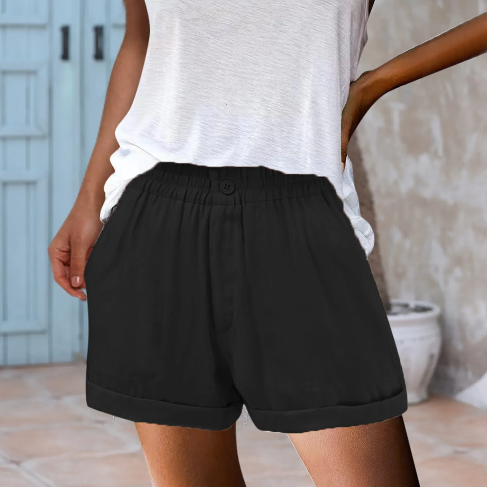 

Women Summer Fashion Cotton LinenSide Pockets Front Darts Solid Shorts Vintage High Waist Button Fly Female Short Pants Mujer