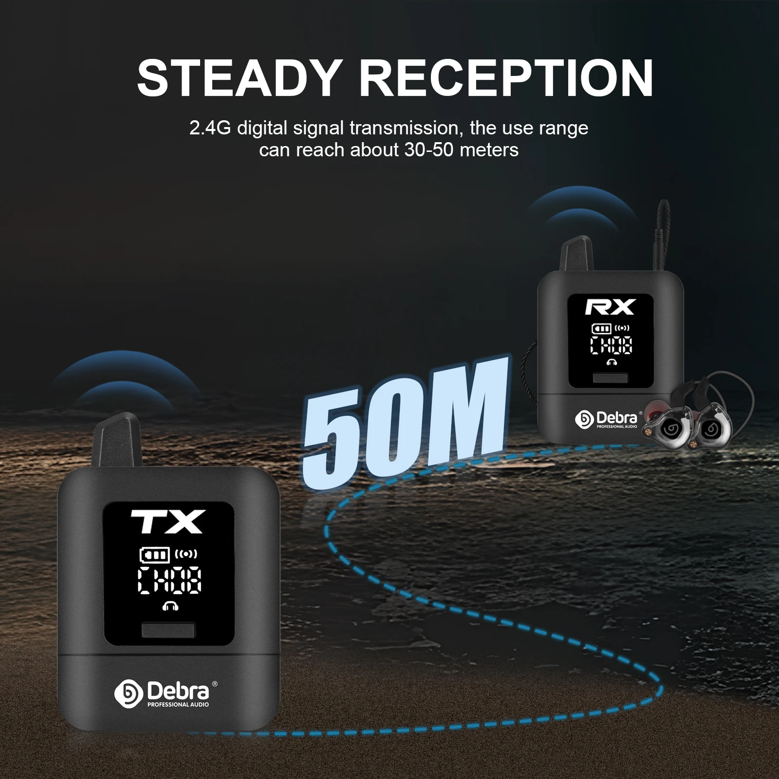 نظام IEM اللاسلكي Debra ST-mini UHF الاحترافي، شاشة داخل الأذن قابلة لإعادة الشحن للموسيقيين، DJs والبث، كريستال واضح لذلك