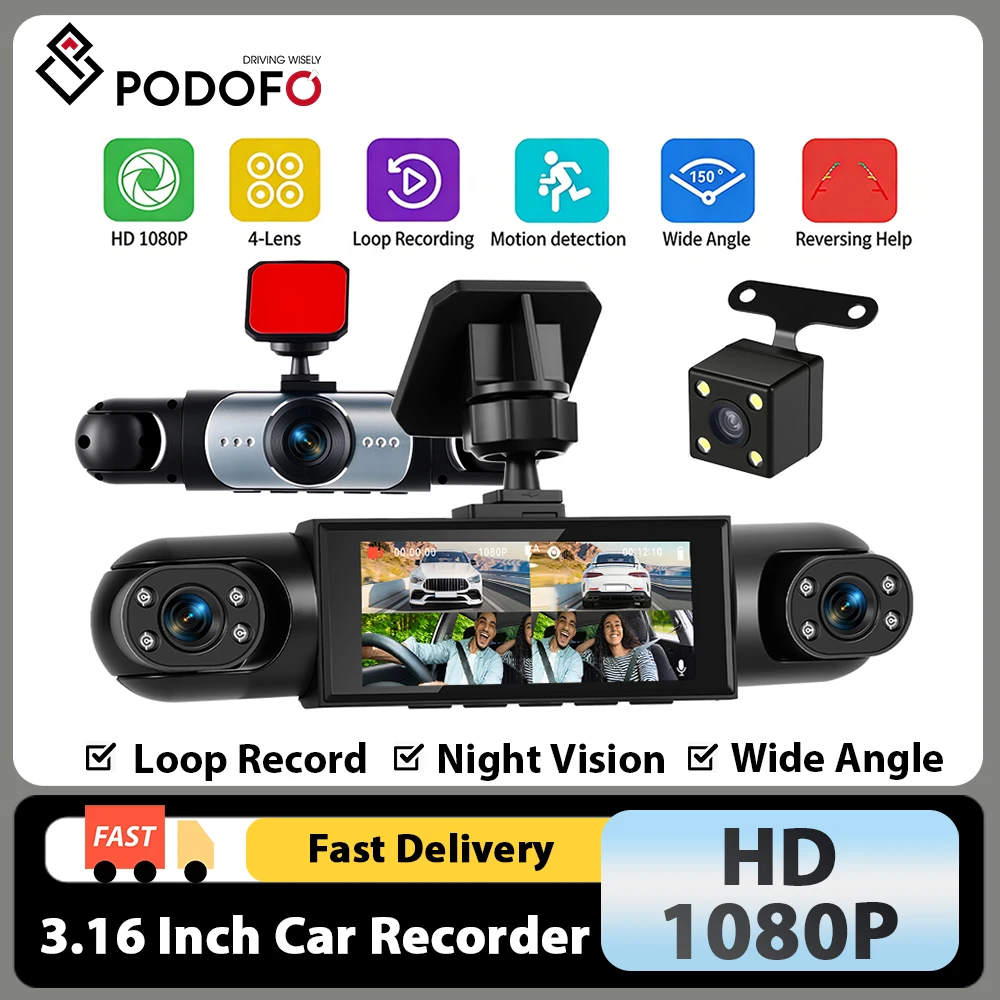 Podofo 1080P 3,16-Zoll-Dashcam mit vier hochauflösenden Objektiven, darunter eine linke Innenkamera, eine rechte Innenkamera und eine Rückfahrkamera.
