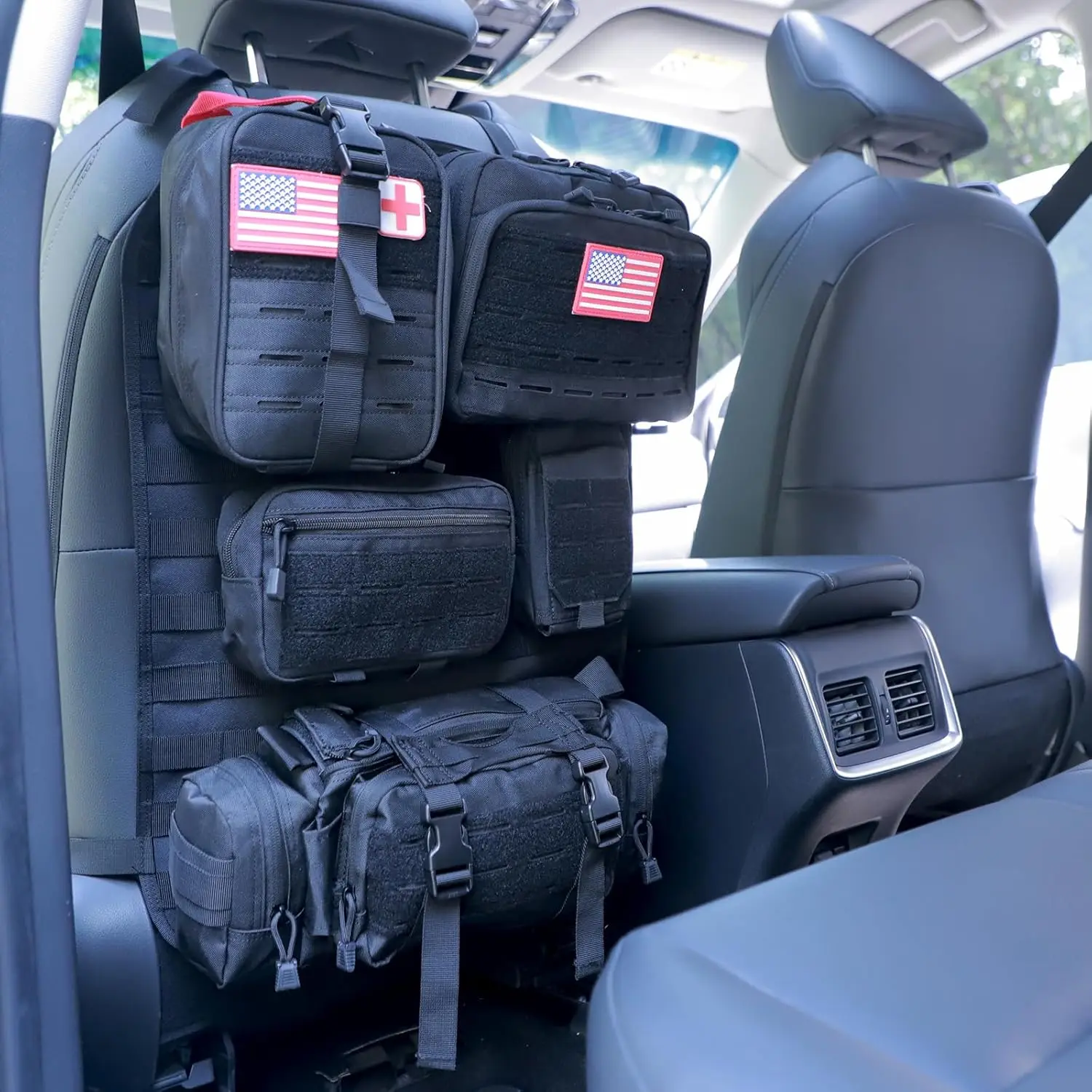 ジープ、トラック、SUV、車用のユニバーサルタクティカルシートバックオーガナイザー（取り外し可能なモールポーチ5個付き）