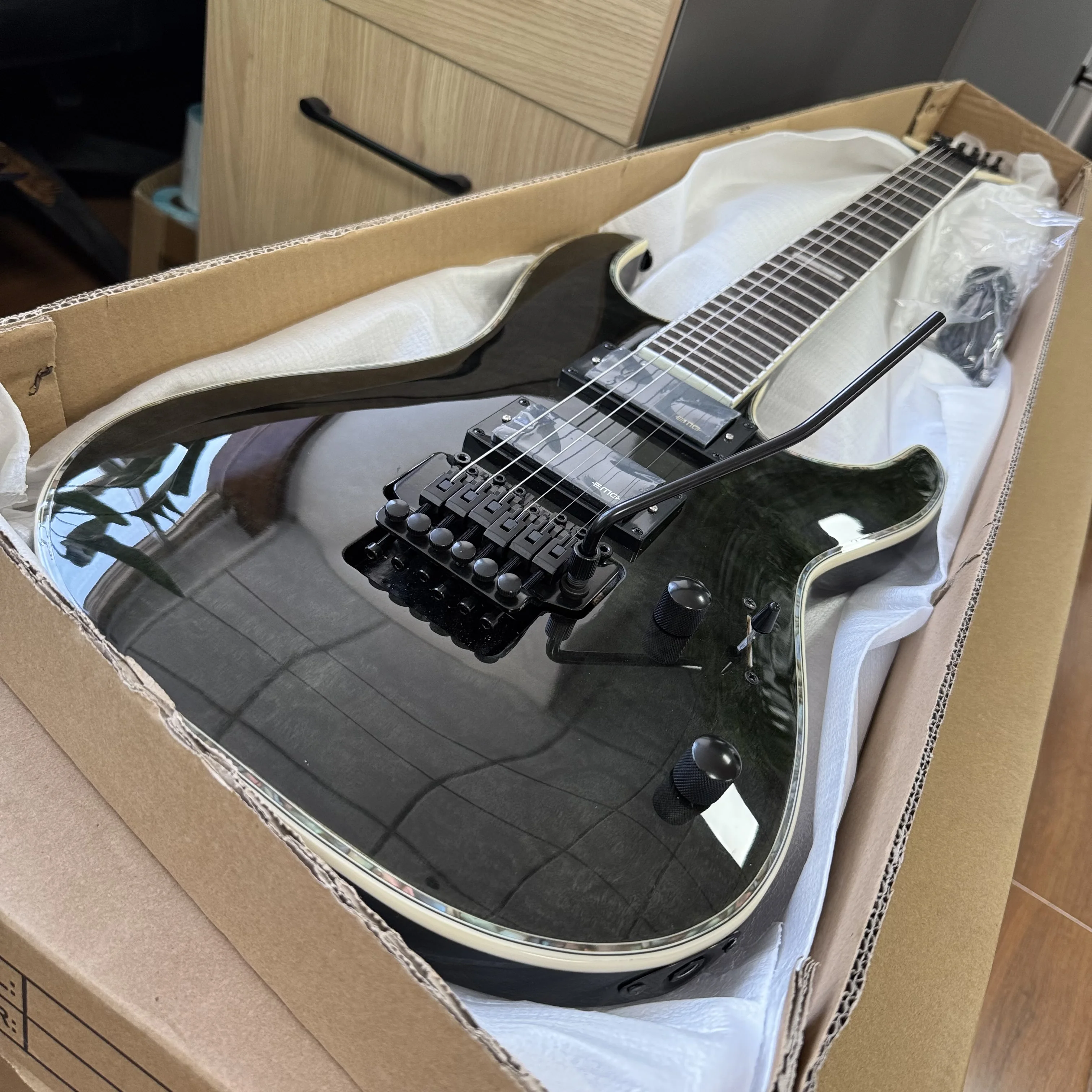 Custom Electric Guitar With Transparent Black Water Ripple Veneer Floyd Rose Double‑Lock Heavy Tremolo System Free Shipping
