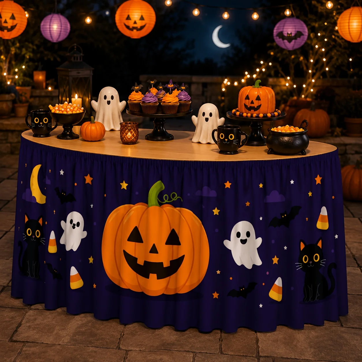 One tablecloth, a cute Halloween pumpkin lantern, pumpkins, black cats, and batszyc