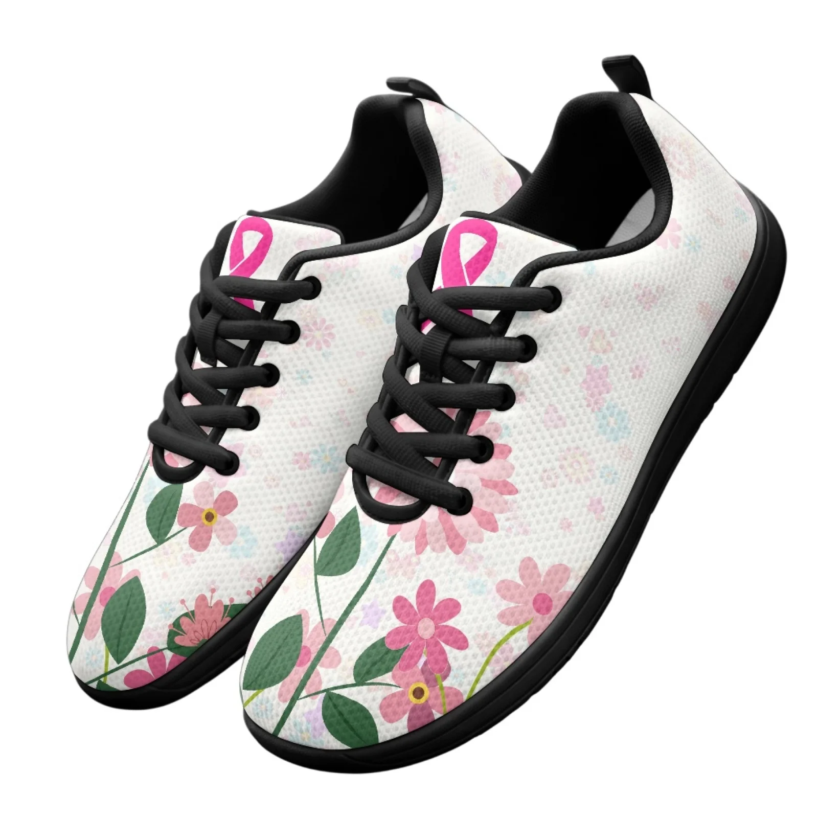 PENSTROLL Pink Floral Awareness Ribbon Quick Dry Barefoot Walking Shoes for Mens Mesh & EVA Non Slip Running Sneakers