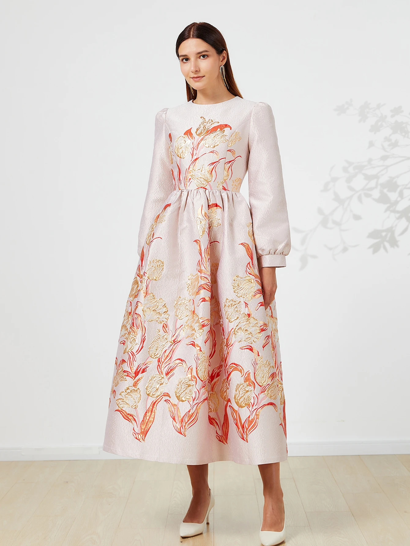 Heavy Industry Jacquard Autumn-Winter New Style Round-neck A-line Orange Gold Floral Elegant Attitude Banquet Dress