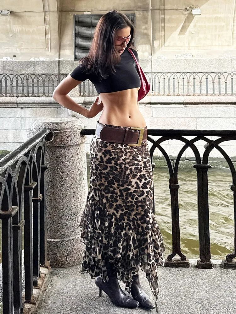 Nibber Sexy Leopard Print Long Skirts Woman Elastic Waist Ruched Irregular Hem High Street Fashion Wild Style Classic Bottoms