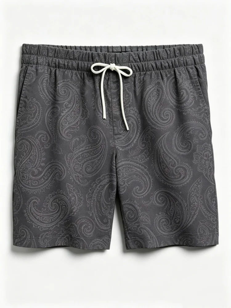 

Men Dark Grey Vintage Paisley Allover Print Drawstring Waist Casual Shorts With Side Pockets