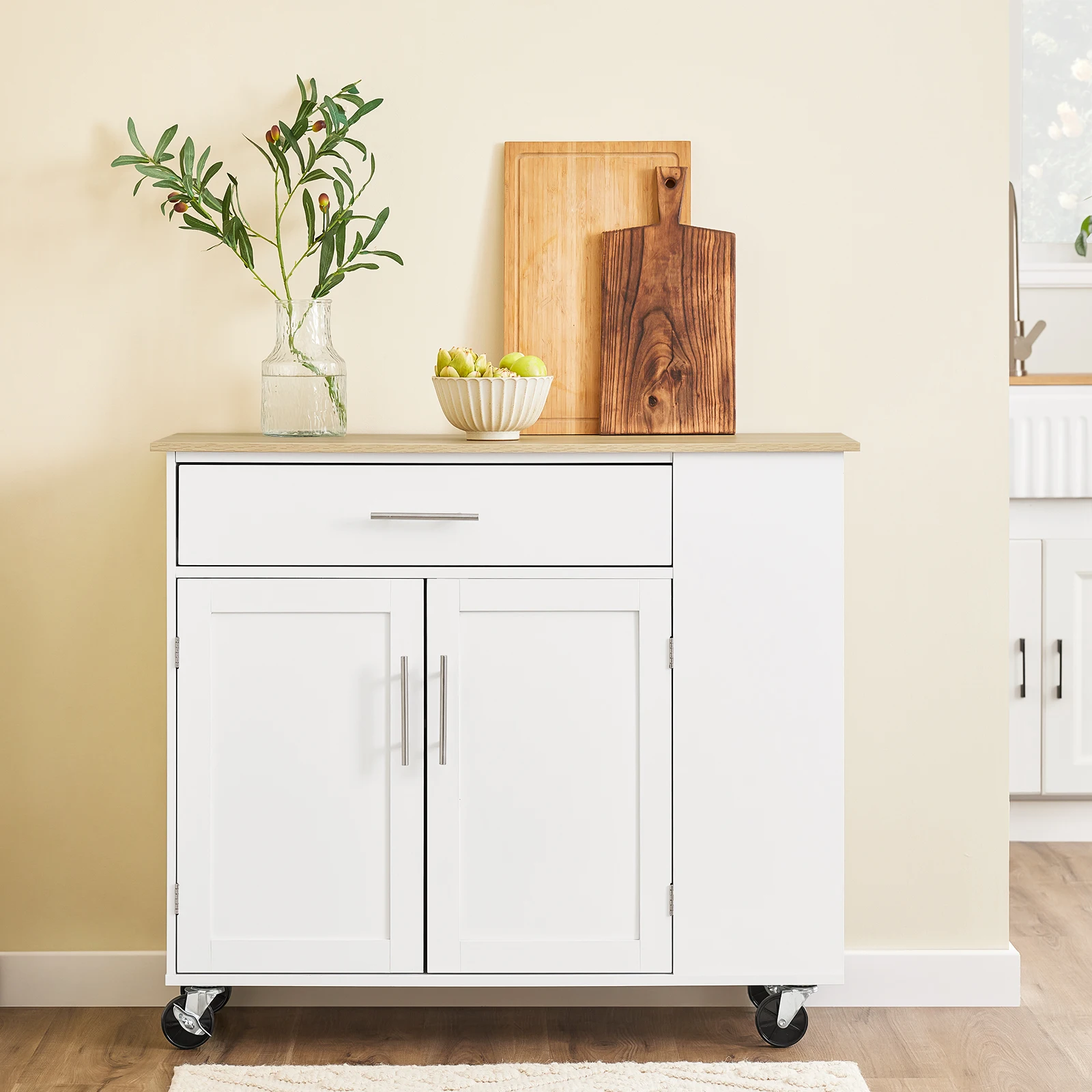 SoBuy FKW133-WN Kücheninsel mit Arbeitsplatte, Küchenwagen mit Rollen, robuster Stauraum mit Edelstahl-Details, ideal als Servierwagen für Kaffeebar & Grillparty, für Kochliebhaber Weiß 99x85x40 cm