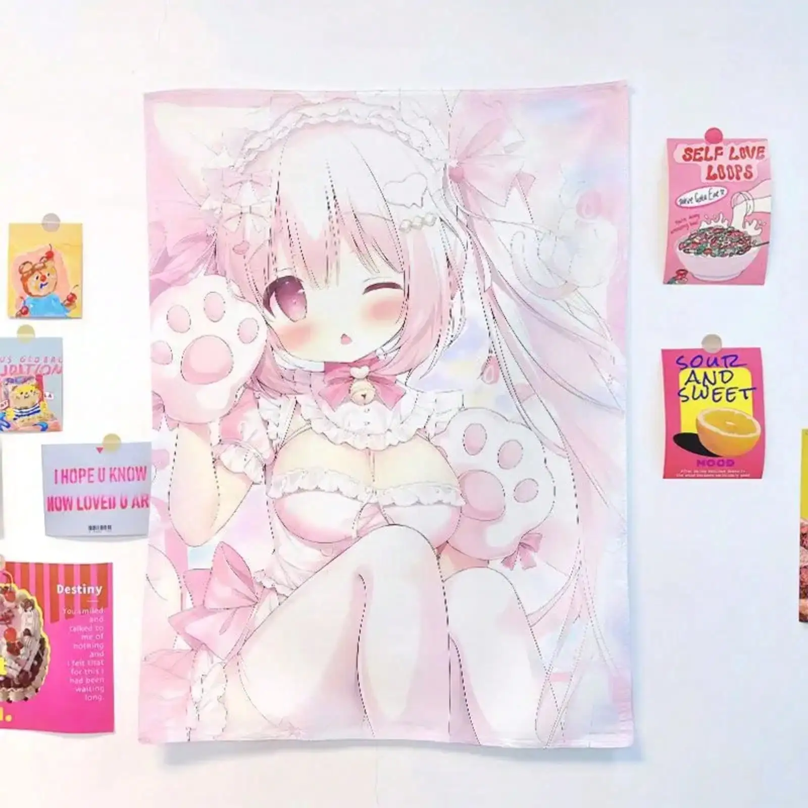 Kawaii Anime Girl Tapestry - Pink Cat Girl with Paw Gloves, Cute Maid Outfit, Aesthetic Room Decor, Multiple Sizes