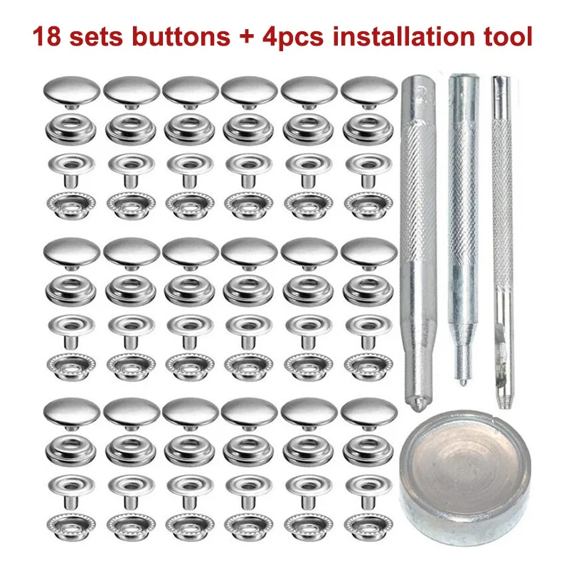 

18 Sets 15mm Stainless Steel Fastener Snap Press Stud Button for Marine Boat Canvas Leather Rivet with Punching Tool