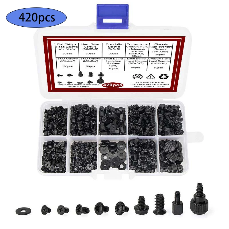 

420PCS M3 M5 Screw Kit for Motherboard Standoffs, HDD SSD Laptop Fan, PC Case Repair, Notebook Desktop Computer Case Screws Kit