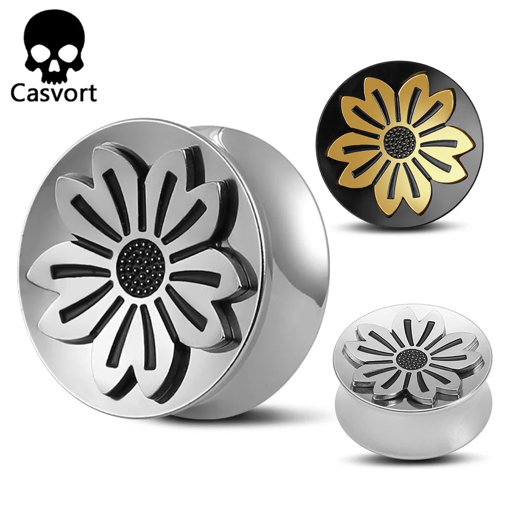 Casvort 2PCS Trendy Flower Ear Gauges Tunnels Round Ear Plugs 316 Stainless Steel Piercing Women Body Jewelry Expander