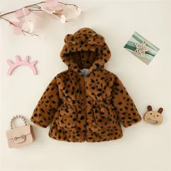 Baby Girl Personalized Winter Leopard Pattern Wool Sweater Girl Waist Hooded Zipper Fashion Coat Cartoon Cotton Coat