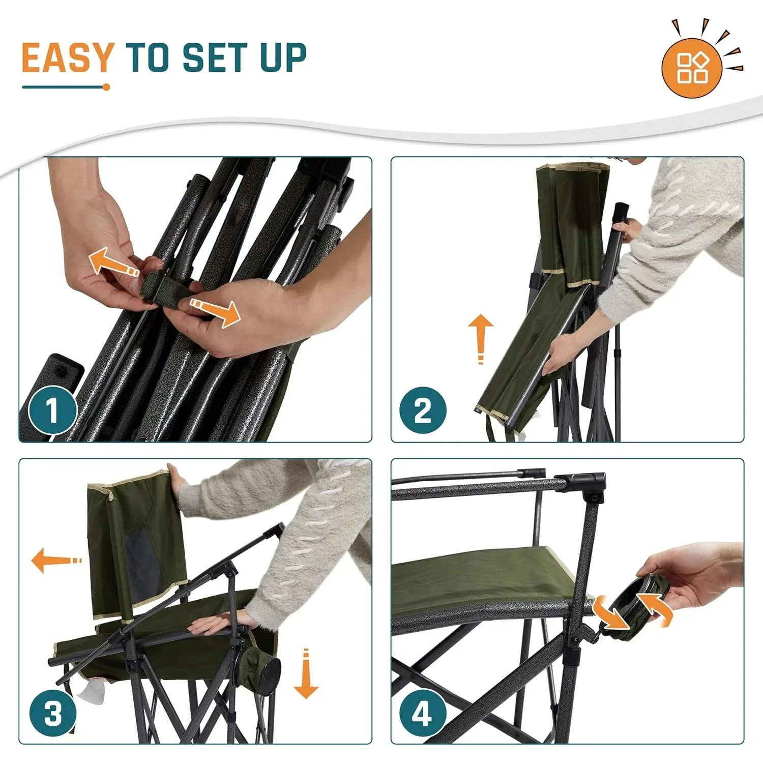 كرسي تخييم عالي التحمل للبالغين بسعة وزن 400 رطل، كرسي كبير الحجم قابل للطي مع حامل أكواب ومساند للذراعين