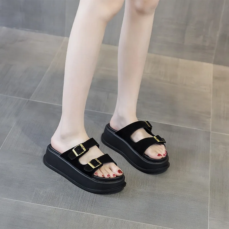 6CM New Cow Genuine Leather Synthetic Women Slippers Ladies Summer Peep Toe High Brand Sandal Shoes Platform Wedge Fashion