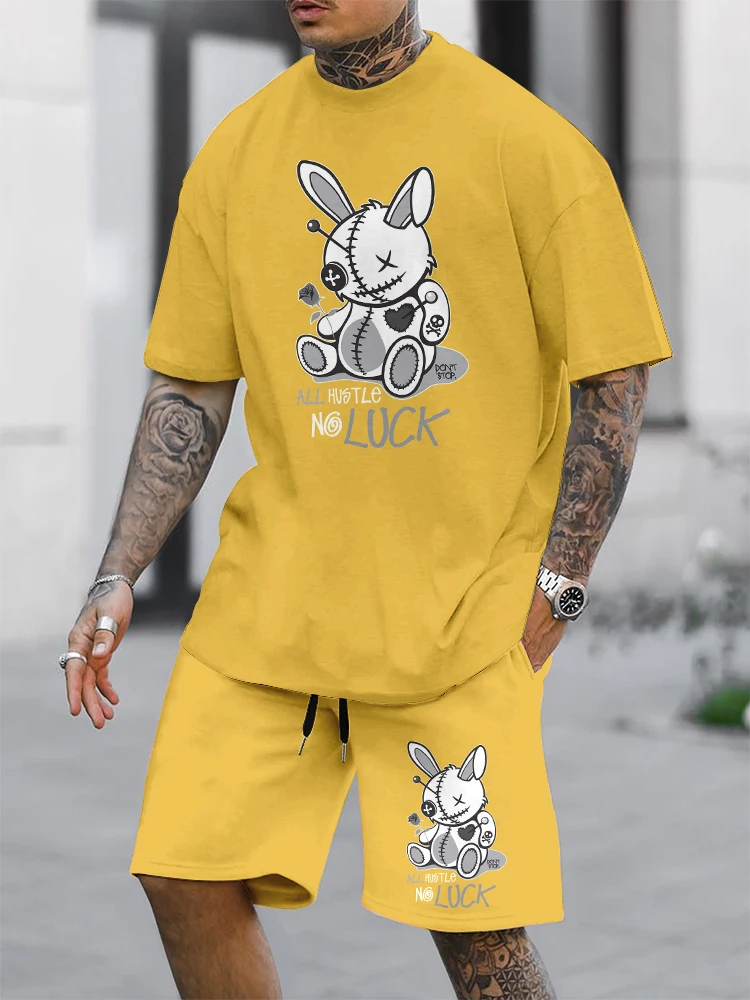 2024 Lucky Rabbit Print Short Sleeve T-shirt And Shorts 2 / Summer Men's Fashion Street Short Sleeve Suit Loose And Oversized