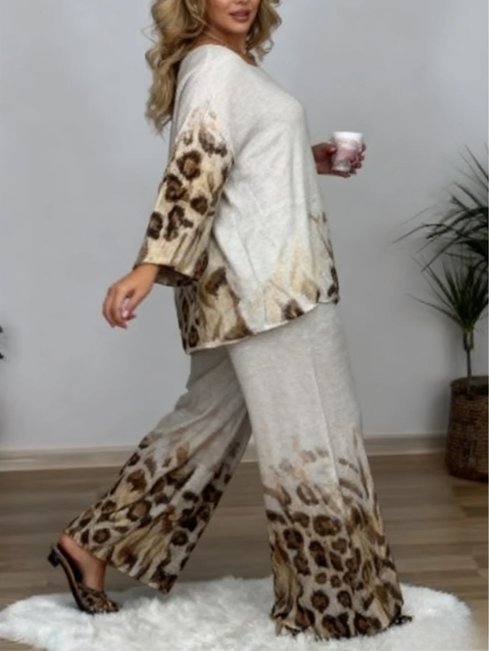 طقم مكون من قطعتين للنساء مقاس كبير، مرقع متدرج بطباعة الفهد، طقم سراويل طويلة فضفاضة وغير رسمية