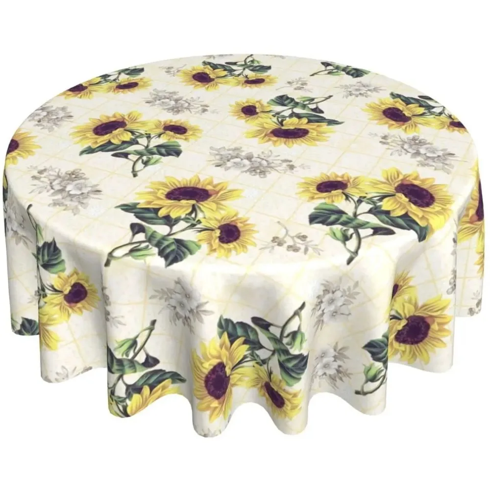 Sunflower Round Tablecloth 60 Inch Plaid Yellow Floral Tablecloth Table Cover Wrinkle Free Floral Tablecloth for Kitchen Dinning