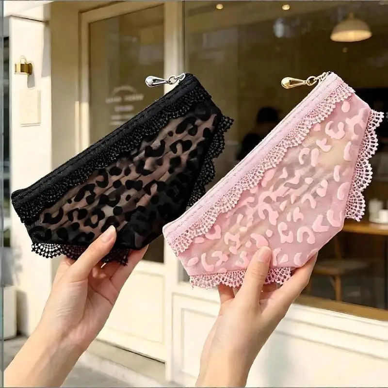 Bikini Briefs Shape Cosmetic Bag Lace Leopard Print Transparent Makeup Storage Pouch Mesh Y2K Toiletry Bag Storage For Travel