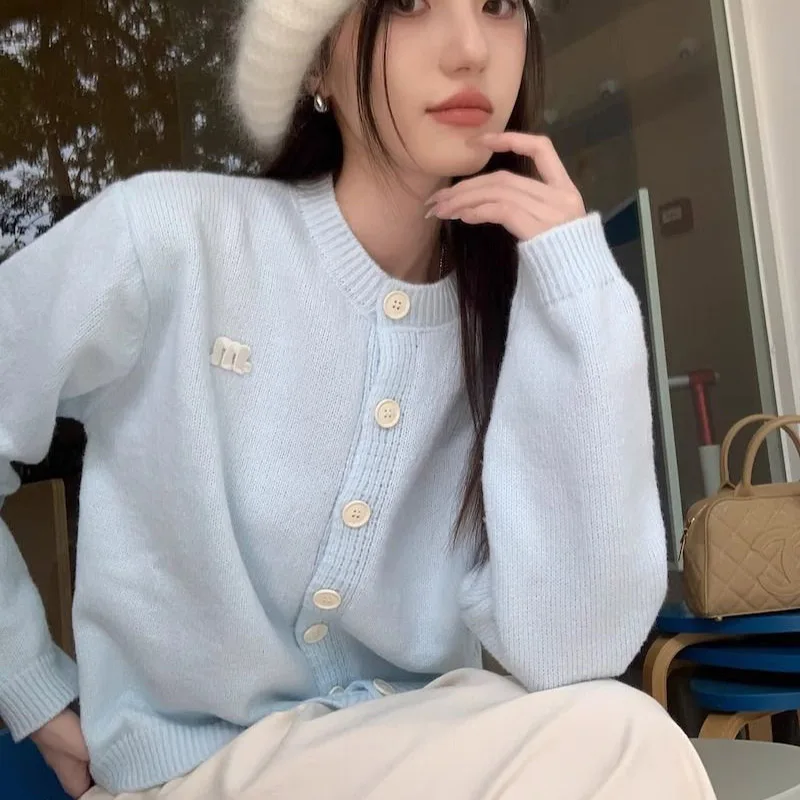 Women Clothing Sweet Fashion Solid Knit Cardigan Spring Autumn Casual Loose Blue Thin Sweaters Office Lady All-match Button Tops