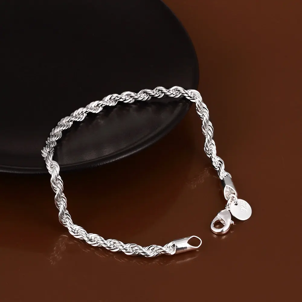 Pulsera de cadena de cuerda trenzada de Plata de Ley 925 para hombres y mujeres, joyería de moda, regalos de fiesta, venta al por mayor, nuevo, 4MM, envío directo