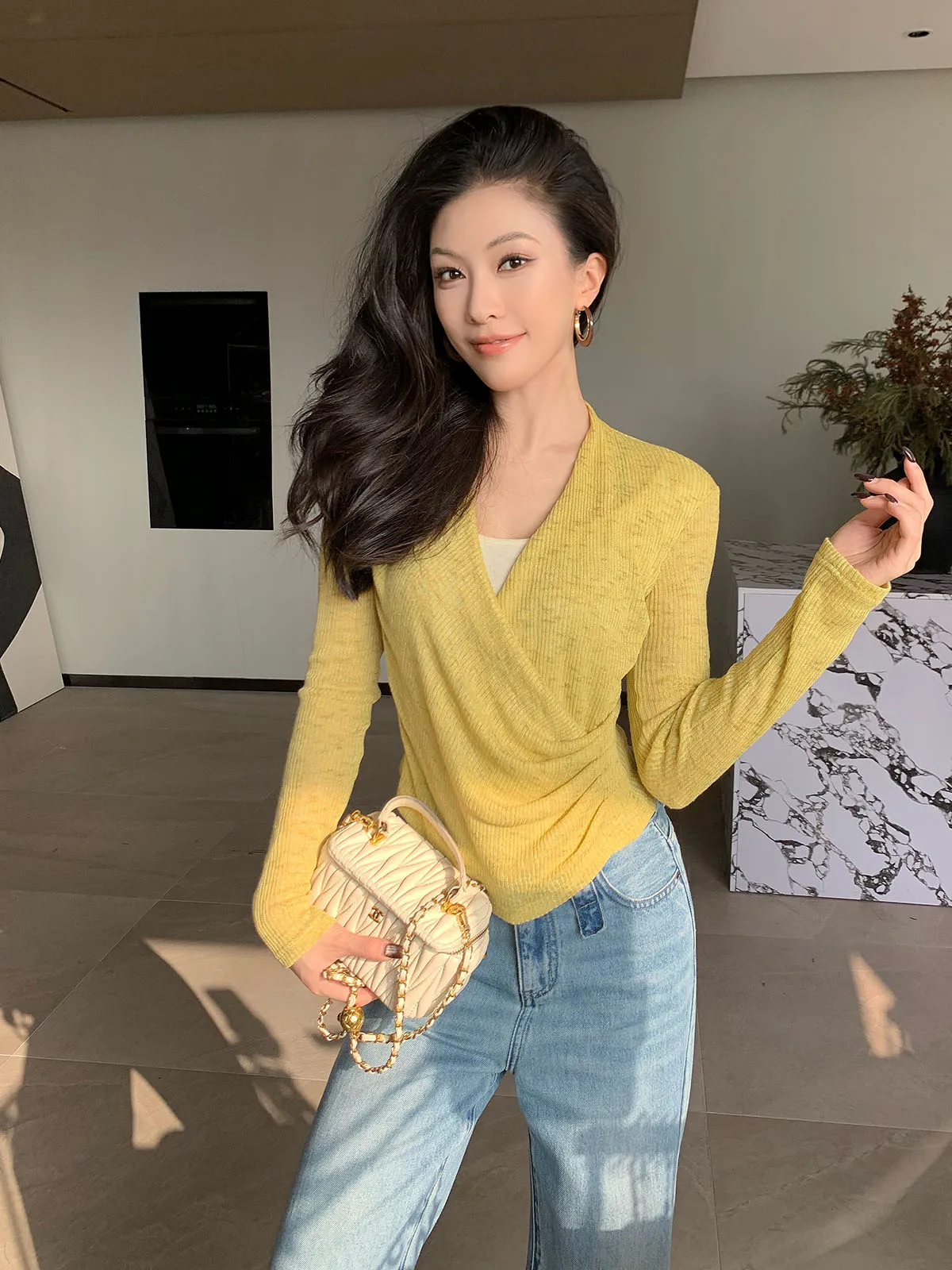 

Женская облегающая трикотажная кофта Ele Slim Fit с длинным рукавом, сексуальная, тонкая, драпированная, модная, легкая, средней толщины