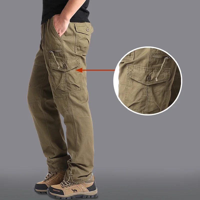 

Pure Cotton Men's Tactical Pants Casual Cargo Pants Multiple Pocket Trousers Outdoor Hiking Sweat Pants Elastic Waist