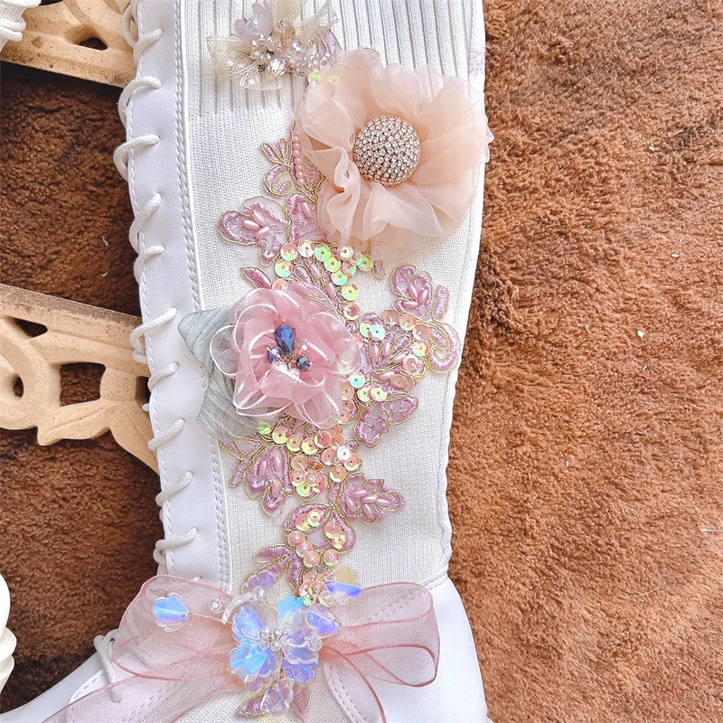 Sweet 3D Floral Sequins Bling Women White Platform Long Sock Boots Strecth Fabric Female Fashion Lace Up Mid-Calf Martin Shoes