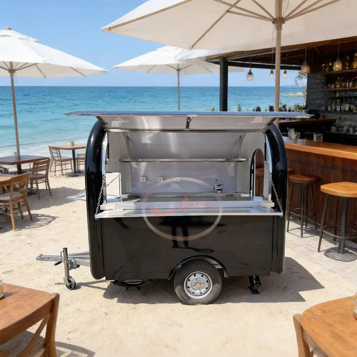 Fiberglass Mobile Food Cart with Stainless Steel Workstation Towing Street Food Trailer for Coffee Burger Snack