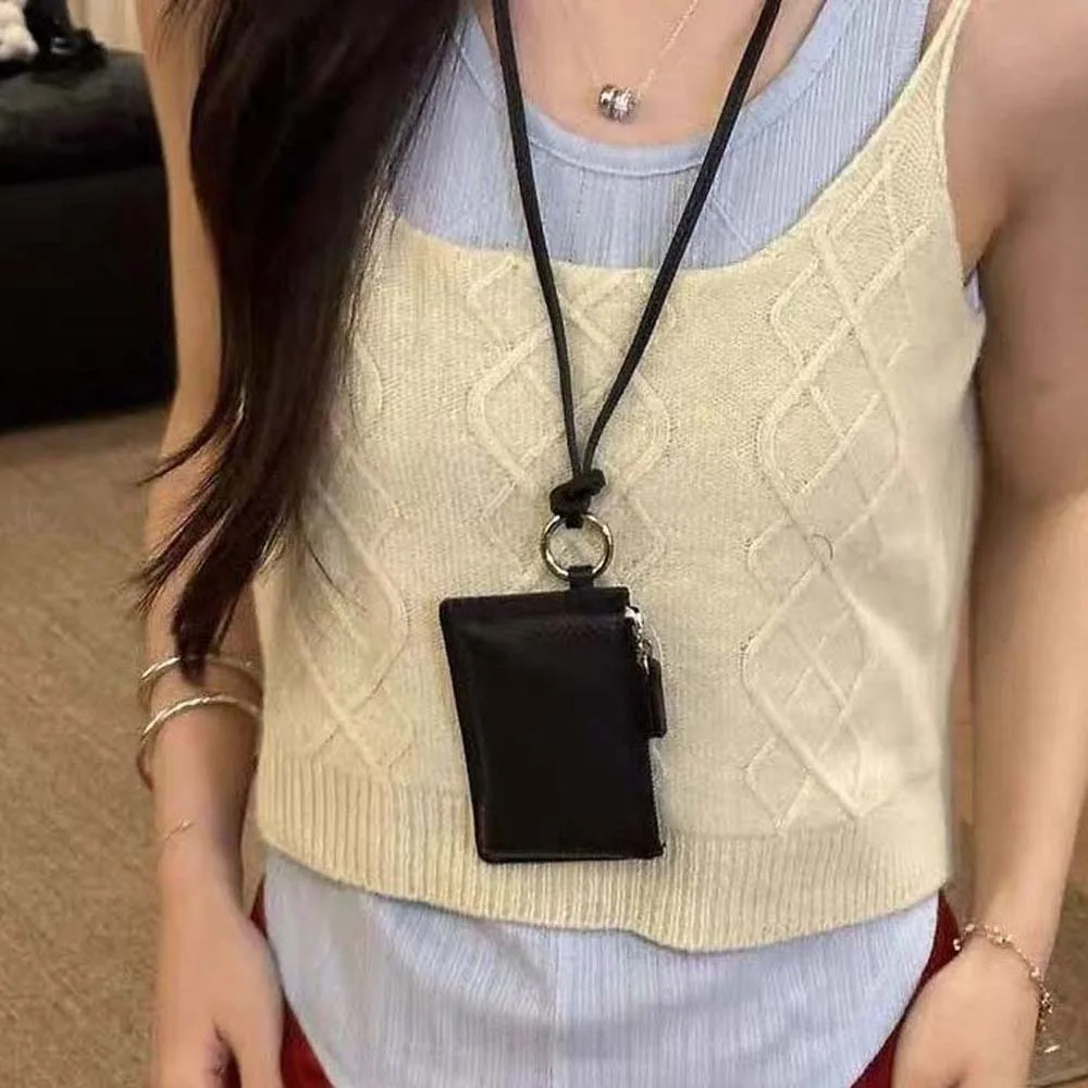 Square Hanging Neck Coin Purse Zipper Casual Soft PU Wallet with Lanyard Solid Color Portable Card Holder Bag Accessories