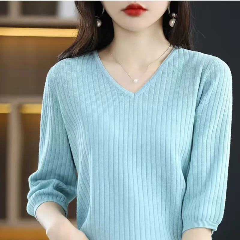 Spring summer new cotton V-neck five point sleeve head women Korean loose casual cotton vertical stripe half sleeve women t-shir