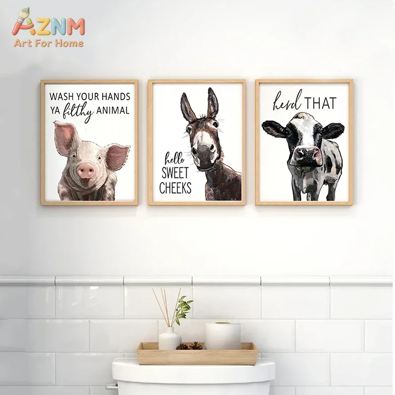 AZNM Funny Farm Wild Animal Canvas Print Alpaca Donkey Cow Fox Pig Bear With Humorous Quote Unframed Canvas Wall Art Bathroom Fa