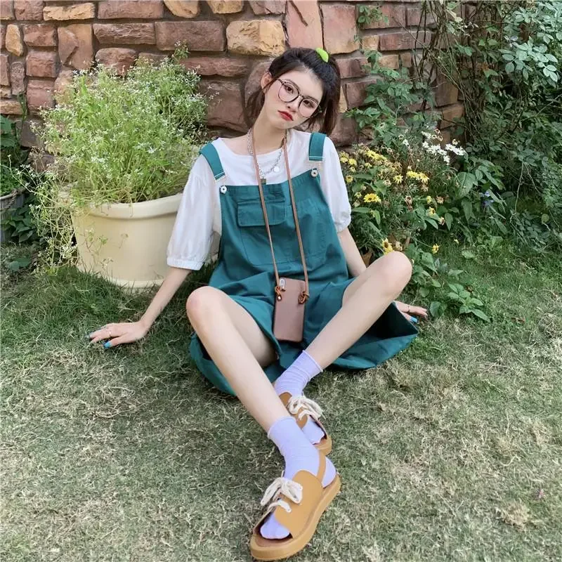 Set da donna stile coreano allentato semplice tuta dritta pagliaccetti estate manica corta a sbuffo top corto solido abiti a due pezzi alla moda