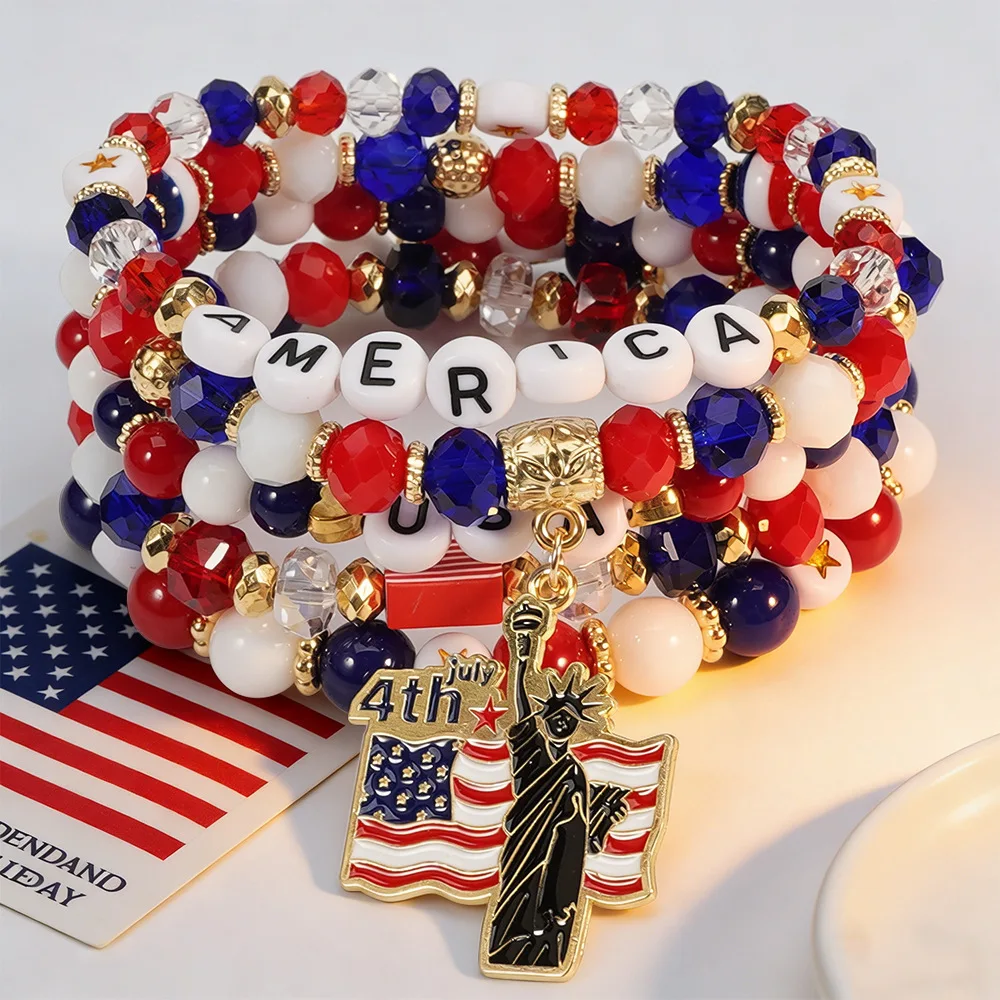 5Pcs Flag Independence Day Beaded Bracelet Set Red White Blue Stretch Bracelet With Map Charm Women Men Holiday Jewelry Gift