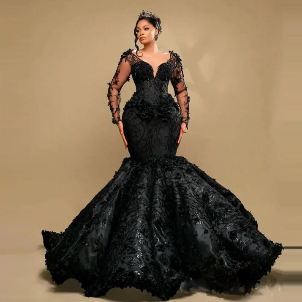 

Black Lace Plus Size Evening Dresses Sweetheart Appliques Sequins Nigerian Wedding Reception DressCustom Made Mermaid Prom Dress