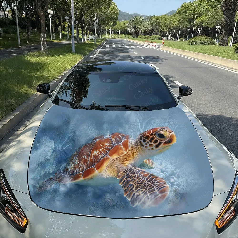 Watercolor Sea Turtle Pattern PVC Car Hood Wraps, Self-Adhesive Waterproof Car Bonnet Decal Sticker, Car Decoration Protection S